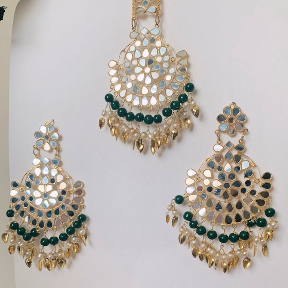 Jewelry Set Earrings Tika Headpiece Indian Bollywood Mirror Work Kundan Bead - Picture 2 of 8